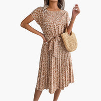 Sommerkleid Damen - Blumenkleid mit Gürtel und Kurzarm – Hellbraun