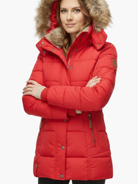 Winterjacke für Damen mit Kunstfellkapuze – Rot