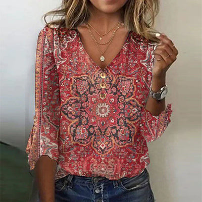 Heidi-Mode | Floraler Druck 3/4 Ärmel Bluse Top für Frauen
