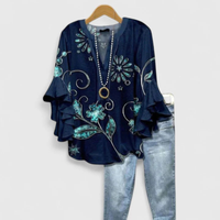 Viviane | Damen Top Blumenmuster Rüschenärmel Romantic Feminin Sommer – Dunkelblau