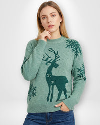 Damen Weihnachts-Pullover mit Rentiermotiv und Rundhalsausschnitt – Grün