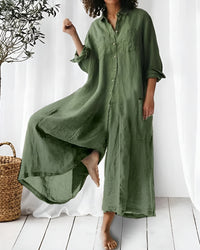 Maja™ | Luftiger Leinen-Jumpsuit mit Krempelärmeln & Seitentaschen – Grün