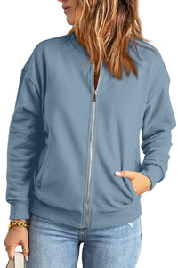 Lässige Jacke mit Reißverschluss und Rundhalsausschnitt – Blau