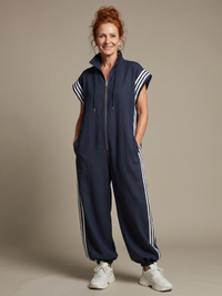 Lark | Jumpsuit mit Reißverschluss und Streifenpanel – Blau