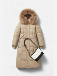 Stepp-Wintermantel mit Kunstfell Kapuze für Damen - knielang – Khaki