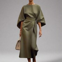 Veronike | Elegantes Kleid mit Laternenärmeln und Gürtel – Olivgrün