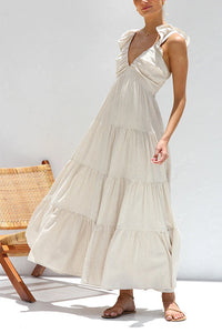 Emma | V-Ausschnitt Leinen-Maxikleid – Beige