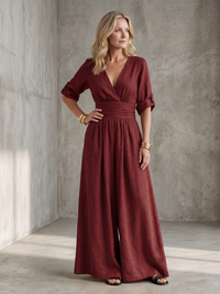 Wanda | Kreuz-Front Weitbeiniger Jumpsuit – Rot