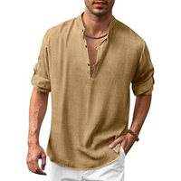 Herren Langarm Shirt mit V-Ausschnitt | Lockeres Freizeithemd mit Knöpfen – Khaki