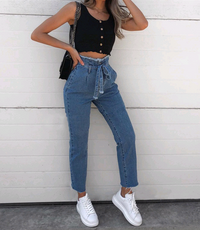 Lainey - Hochtaillierte Jeans mit Satinband-Detail – Blau