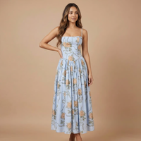 Stephanie - Floral Print Corset Bodice Gathered Midi Dress – Blau