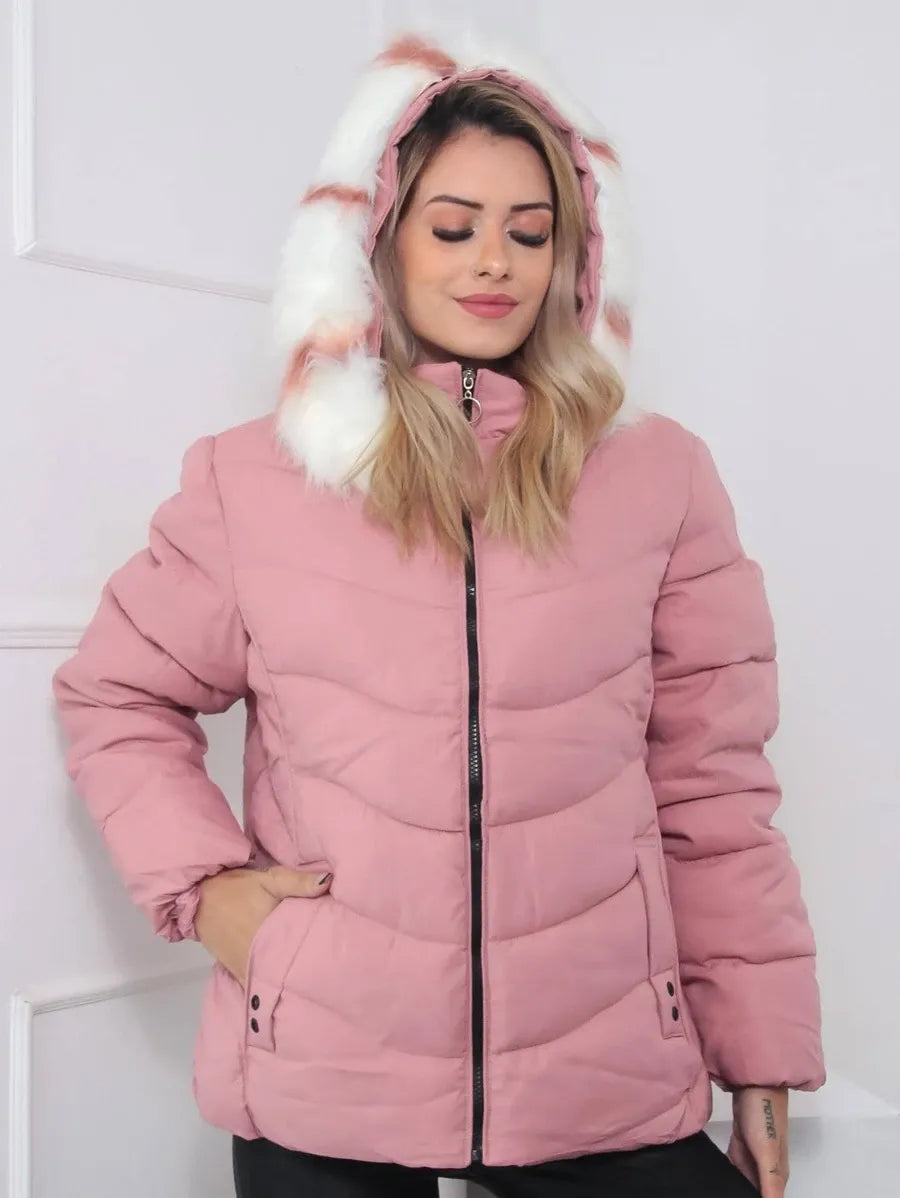 Leynira | Grüne Steppjacke mit Fellkapuze