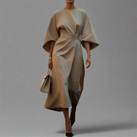 Veronike | Elegantes Kleid mit Laternenärmeln und Gürtel – Khaki