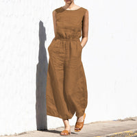 Gerader Jumpsuit mit Falten am Revers ohne Gürtel - Nora – Camel