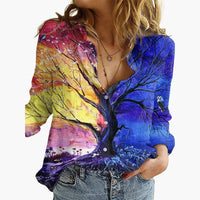 Kunstvoll bedruckte V-Ausschnitt Bluse - Damen Freizeitlook – Marine