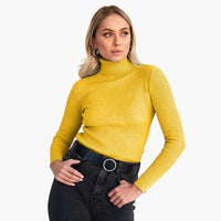 Damen Turtleneck Pullover mit gerippten Bündchen und Saum – Gelb