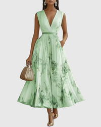 Isabella | Damen Midikleid Ärmellos Plissiert Blumen Elegant Sommer – Grün
