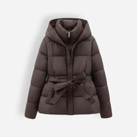 Damen Pufferjacke mit Gürtel und Kapuze – Braun
