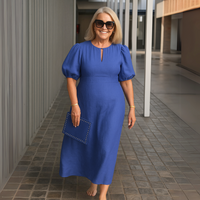 Els™ | Elegantes schlichtes Kleid mit V-Ausschnitt – Blau