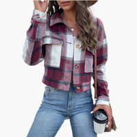 Damen Karierte Jacke mit Knopfverschluss – Dunkelrot