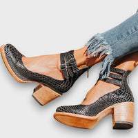 Ginevra – Stiefeletten mit Mehrfachriemen und Blockabsatz – Schlangenhaut Schwarz