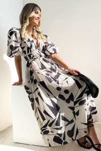 Heidi-Mode | Real Love Print Puffärmel Maxi Kleid – Weiß
