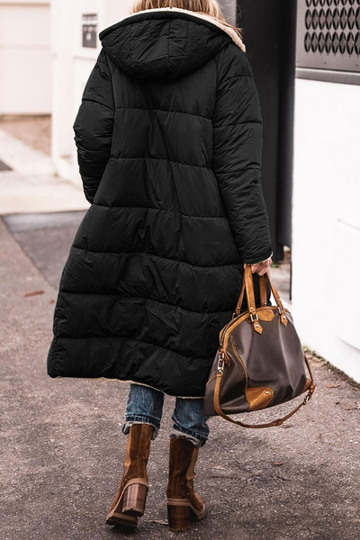 Kassiopeia | Langer, wendbarer Damenmantel mit Kapuze, Fleece-Futter und Taschen