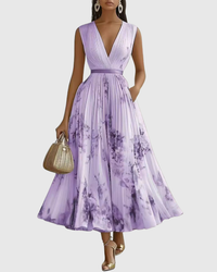 Isabella | Damen Midikleid Ärmellos Plissiert Blumen Elegant Sommer – Lila