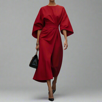 Veronike | Elegantes Kleid mit Laternenärmeln und Gürtel – Rot
