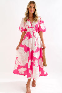 Heidi-Mode | Real Love Print Puffärmel Maxi Kleid – Rosa & Weiß