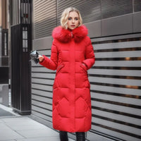 Katharina | Langer Daunen-Steppmantel mit Kragen – Rot