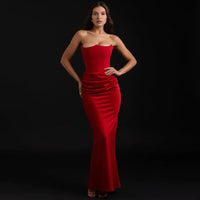Sabrina | Damen Trägerloses Korsett Maxikleid Satin – Satin Korsett Maxi 2026 – Rubin