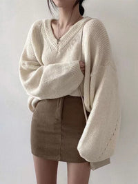 Saynitha | Gestrickter Pullover mit V-Ausschnitt für Damen – Weiß