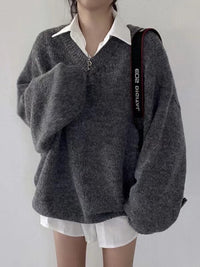 Saynitha | Gestrickter Pullover mit V-Ausschnitt für Damen – Grau