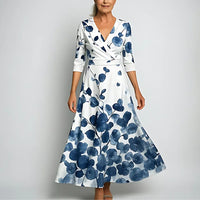 Abendkleid für Damen – Elegantes ballkleid mit Print und 3/4 Ärmeln – Weiß