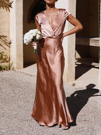 Heidi-Mode | Satin-Fishtail-Maxikleid mit V-Ausschnitt für Damen – Rosa