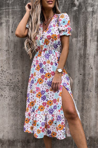 Georgia™ – Langes Blumenkleid mit V-Ausschnitt – Weiß