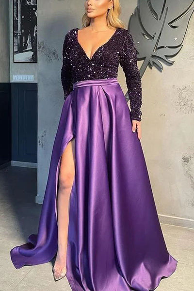 Heidi-Mode | Schöne Langarm V-Ausschnitt Pailletten Satin Festkleid