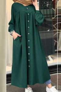 Heidi-Mode | Lässige Einfarbige Schnallen Mandarin Kragen Hemdkleid Kleider – Grün