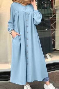 Heidi-Mode | Lässige Einfarbige Schnallen Mandarin Kragen Hemdkleid Kleider – Helles Blau