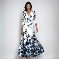 Emily | Elegantes Blumenmuster-Kleid – Weiß/Blau