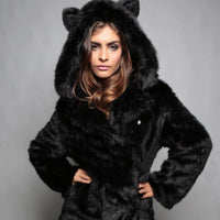 Damen Kuschelige Felljacke mit tierischen Ohren – Schwarz