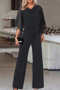 Heidi-Mode | Lässig Einfarbig Bandage Asymmetrischer Kragen Gerader Jumpsuit - 4 Farben – Schwarz
