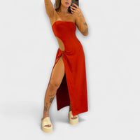 Winona - Bandeau-Tie Bodysuit-Kleid mit Seitenschlitzen – Rot