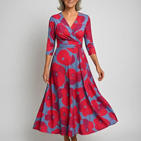Abendkleid für Damen – Elegantes ballkleid mit Print und 3/4 Ärmeln – Rot