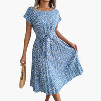 Sommerkleid Damen - Blumenkleid mit Gürtel und Kurzarm – Blau