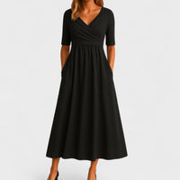 Lilian | Damen Maxikleid V-Ausschnitt Kurzarm Fließend Sommer Elegant – Schwarz