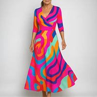 Abendkleid für Damen – Elegantes ballkleid mit Print und 3/4 Ärmeln – Rosa