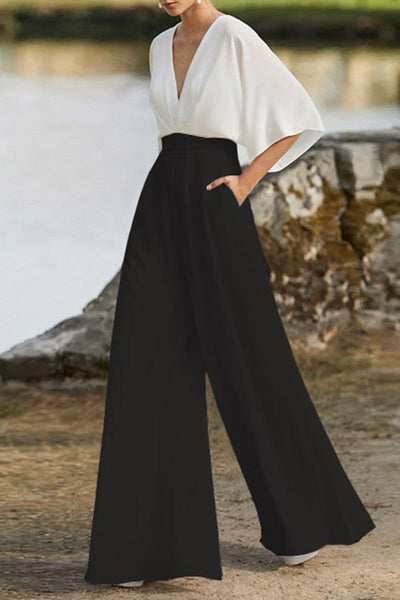 Heidi-Mode | Britischer Stil Eleganter Farbblock Tasche Kontrast V-Ausschnitt Lockere Jumpsuits