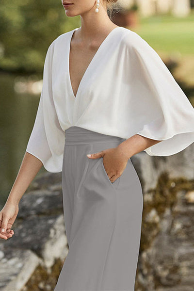 Heidi-Mode | Britischer Stil Eleganter Farbblock Tasche Kontrast V-Ausschnitt Lockere Jumpsuits